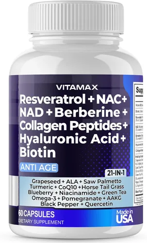 Resveratrol NAD+ Berberina ácido hialurónico – Biotina Uva y Arándano + NAC – Péptidos de colágeno – Suplemento para cabello, uñas, piel y