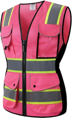 Miniatura 11 de JKSafety Chaleco de seguridad reflectante de alta visibilidad para mujer, tiras reflectantes cosidas en el cuerpo de color neón, transpirable