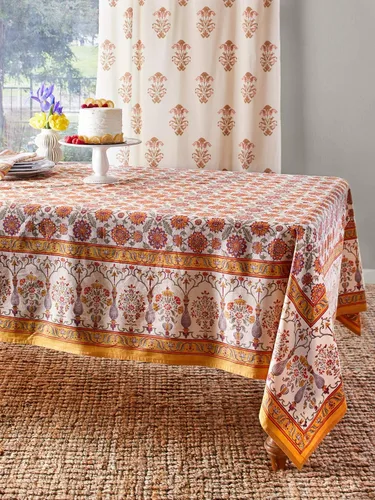 Miniatura 13 de Saffron Marigold Mantel redondo estampado a mano – Naranja indio verano lujoso 100% algodón, lavable, para decoración del hogar, cocina, café o mesa