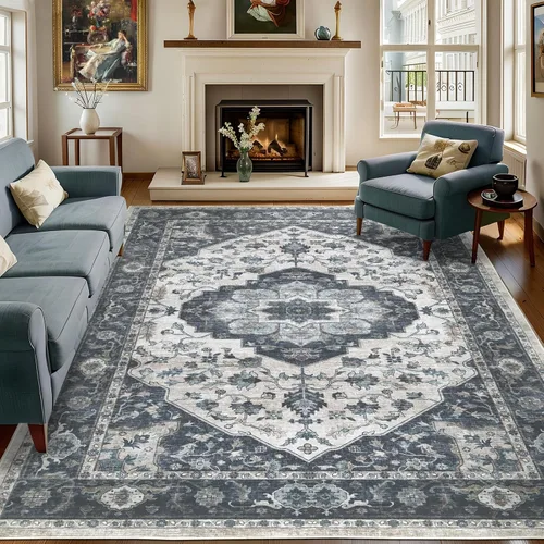 Alfombra vintage lavable de 5 x 7 pies para sala de estar, alfombra de pelo bajo, antideslizante, no desprende pelusa, suave, resistente a las