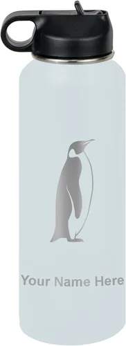 Miniatura 15 de LaserGram Botella de agua personalizada, pingüino, acero inoxidable de doble pared aislada al vacío con popote superior, regalo grabado