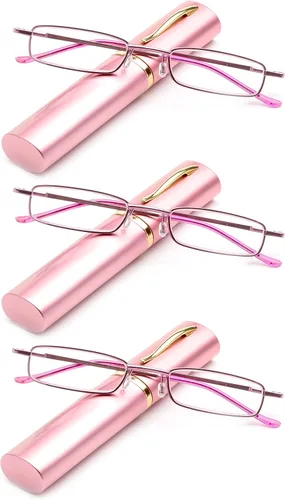 Miniatura 6 de Lentes de lectura de tubo de bolsillo, ultra delgados, compactos, unisex, ligeros, con clip de bolsillo portátil, estuche de aluminio, color rosa