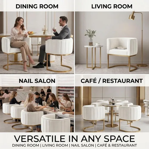 Miniatura 7 de Hyfirm Juego de 2 sillas de comedor de barril beige y dorado, modernas sillas tapizadas de terciopelo con respaldo curvado para isla de cocina