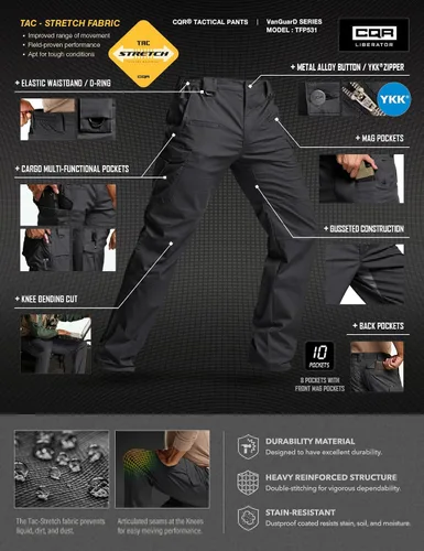 Miniatura 82 de CQR – Pantalones tácticos elásticos tipo cargo para hombre, resistentes al agua, de tela ripstop (antidesgarros), ligeros, ideales para uso diario