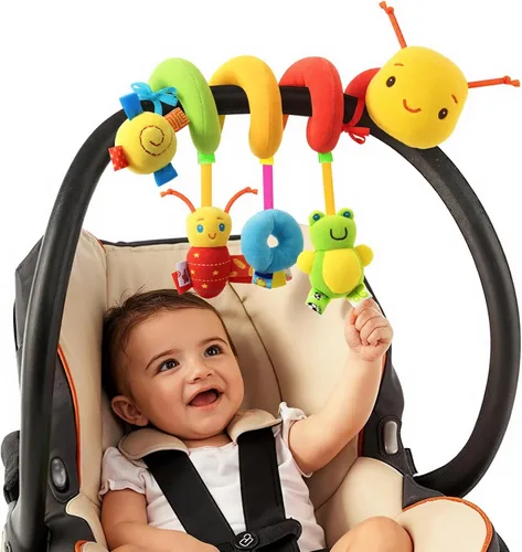 Miniatura 8 de Juguete de actividad en espiral para asiento de automóvil, arco de cochecito de bebé, juguete colgante con sonajero, chirriante, campana de timbre
