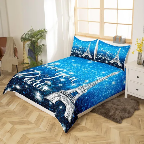 Miniatura 2 de Erosebridal Funda de edredón de la Torre Eiffel para niñas, juego de ropa de cama romántica de París azul, negro y blanco, funda de edredón