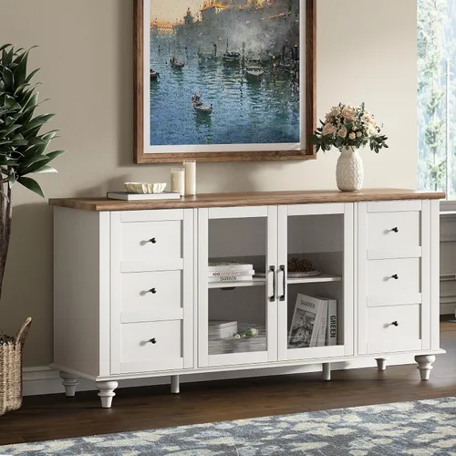 Miniatura 4 de WAMPAT Aparadores Buffet con Puerta de Vidrio, Gabinetes de Almacenamiento de Cocina, Mesas de Bar de Café de Madera, Mesa de Gabinete de Blanco