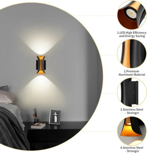 Miniatura 5 de ziidoo Aplique de pared moderno para interiores y exteriores, 7.9 pulgadas IP65 negro y dorado LED luminaria para patio, porche, puerta delantera