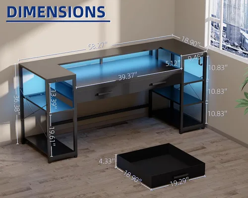 Miniatura 2 de Pamray Escritorio para computadora de 58 pulgadas con soporte para monitor y estantes, escritorio para juegos con luces LED y tomas de corriente
