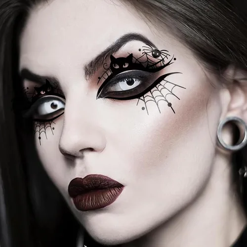 Miniatura 2 de 24 tatuajes temporales de cara de Halloween, diseños de pestañas superiores e inferiores, calcomanías falsas impermeables con motivos espeluznantes