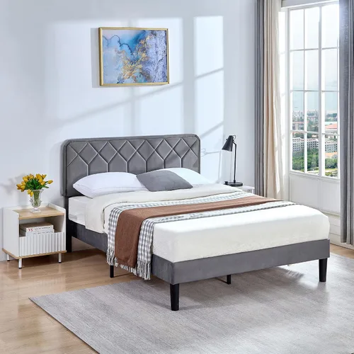 Miniatura 3 de VECELO Base de cama tamaño Queen con plataforma tapizada de cuero de alta calidad con cabecera ajustable en altura / base de colchón, soporte