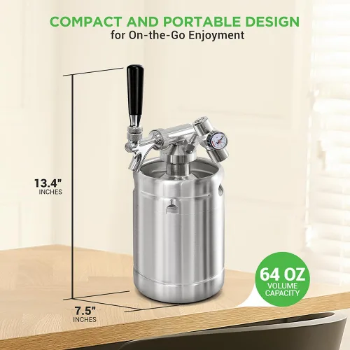 Miniatura 2 de NutriChef Sistema de Grifo para Barril Presurizado, Dispensador de Mini Barril de Acero Inoxidable Portátil de 64oz, Kit de Kegerator con Regulador
