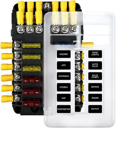 Caja de bloque de fusibles de 12 vías y 12 voltios, panel de fusibles impermeable para barco con indicador de advertencia LED, 12 circuitos con hoja