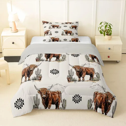 Miniatura 19 de Juego de ropa de cama de vaca de las tierras altas, edredón de ganado de las tierras altas, juego de edredón rosa floral de vaca occidental, juego