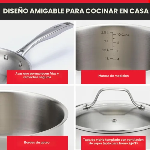 Miniatura 6 de Mueller Juego de ollas y sartenes de 17 piezas, Ultra-Clad Pro Juego de utensilios de cocina de acero inoxidable, mango ergonómico EverCool, Plateado