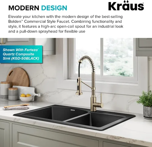 Miniatura 3 de KRAUS Bolden - Grifo de cocina de estilo comercial con mango individual de dos funciones desplegable en bronce champán antiguo libre de manchas