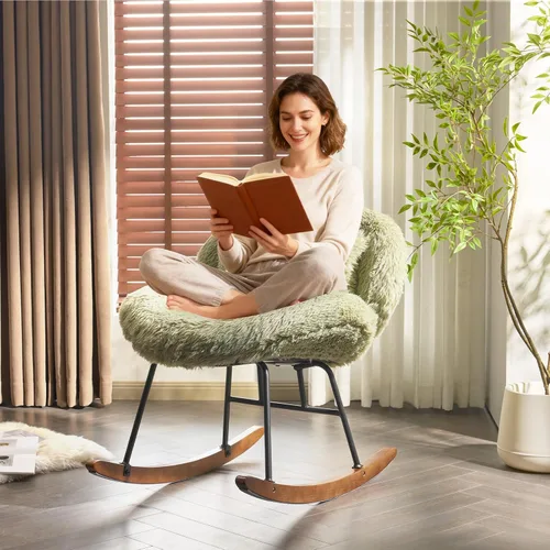 VINGLI Silla mecedora de guardería extra ancha de 25.6" de 115° sin brazos, silla deslizante curvada linda con patas en X con almohada y madera