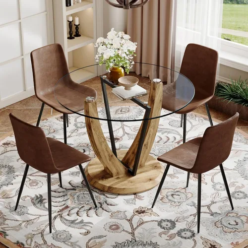 Miniatura 22 de JUFU Juego de mesa de comedor redonda para 4, mesa de comedor de 48 pulgadas con mesa de mármol sintético y 4 sillas tapizadas, moderno juego