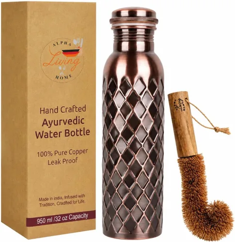 Botella de agua de cobre real de 34 onzas, extra grande, botella de cobre puro para agua potable, botella ayurvédica de diamante antiguo, tapa a