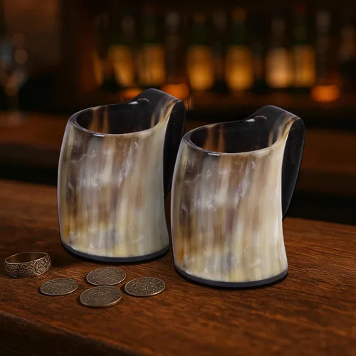 Miniatura 5 de Handicrafts Home Juego de 2 tazas de cuerno vikingo vikingo, taza de cerveza de cuerno de buey natural real con asa, hecha a mano, medieval, cuerno
