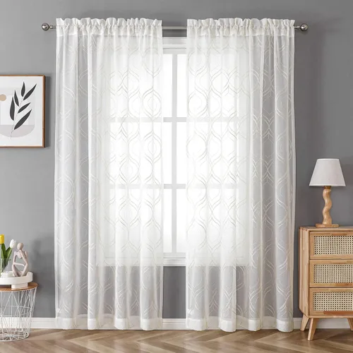 Miniatura 2 de VISIONTEX Cortinas traslúcidas blancas de 63 pulgadas de largo, juego de 2 paneles de bordado marroquí con puntos beige, tela de gasa bordada