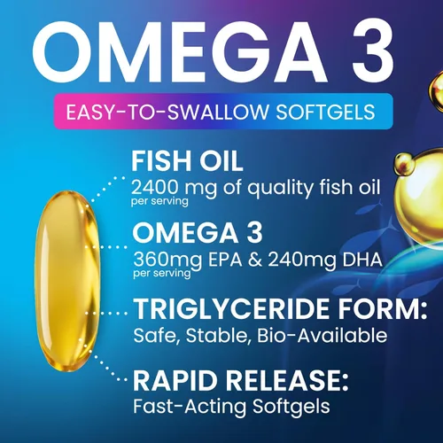 Miniatura 5 de Suplementos de aceite de pescado Omega 3 – 2400 mg de aceite de pescado por porción – Omega-3 de triple fuerza con ácidos grasos EPA y DHA – Apoyo