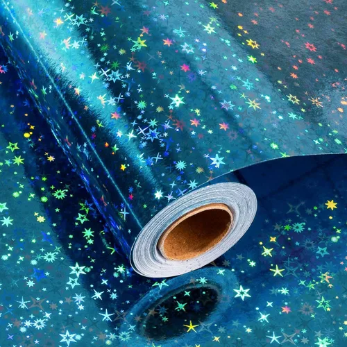 Merture - Rollo de papel de regalo holográfico azul, papel de regalo azul con diseño de galaxia brillante para cumpleaños, baby shower, Navidad, día