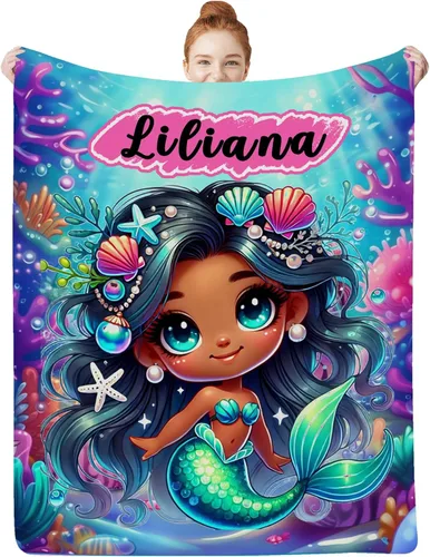 Miniatura 19 de Regalos de sirena para niñas africanas, manta de bebé personalizada con nombre para bebés recién nacidos, manta personalizada para niñas negras