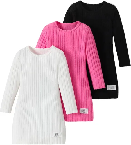 Miniatura 10 de Vestidos para niñas, Juego de 3 vestidos para niñas pequeñas de manga larga de color sólido, elegantes y casuales, con diseño acanalado, talla 2-8