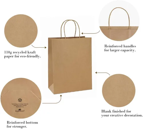Miniatura 3 de BagDream Bolsas de compras Kraft de 10 x 5 x 13 pulgadas, 100 bolsas de papel marrón con asas a granel, para regalos, mercancía, venta al por menor