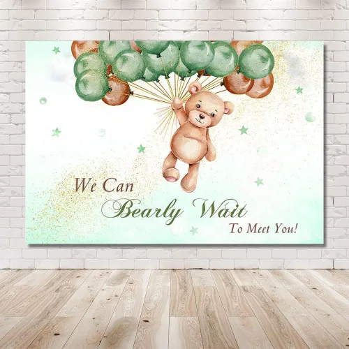 Miniatura 6 de MEHOFOND Telón de fondo de baby shower con texto en inglés "We Can Bearly Wait to Meet You" de 7 x 5 pies, globos azules y marrones, purpurina