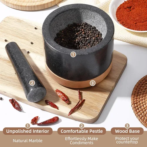 Miniatura 4 de Juego de mortero y maja con base de madera, cuencos de granito para guacamole, cuenco de aguacate pulido para salsa antiarañazos, especias