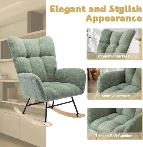 Miniatura 4 de Mecedora de cuarto de bebé con asiento deslizante tapizado en estilo oso de peluche, con respaldo alto, sillón acento con cómodo bolsillo lateral