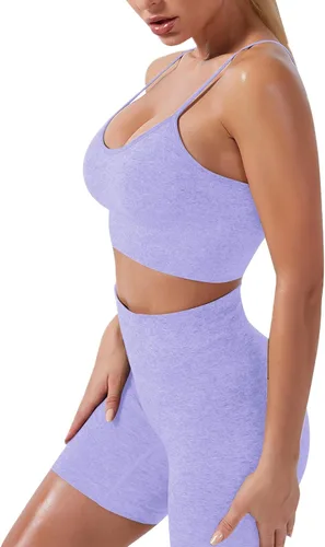 Miniatura 2 de Conjunto de yoga para mujer sin costuras pantalones cortos de ejercicio de cintura alta con brasier deportivo 3 piezas conjunto deportivo