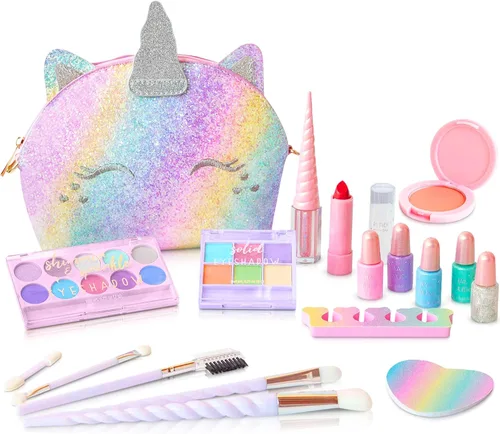 Kit de maquillaje real para niñas: sin talco, juego de maquillaje lavable con bolso de unicornio, regalo de juguete para niñas pequeñas y niñas