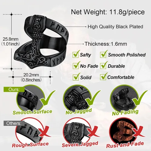 Miniatura 3 de FaithHeart Norse Viking Jewelry - Anillo de acero inoxidable de guerrero para hombre con diseño vikingo de cabeza de lobomartillo de Thor