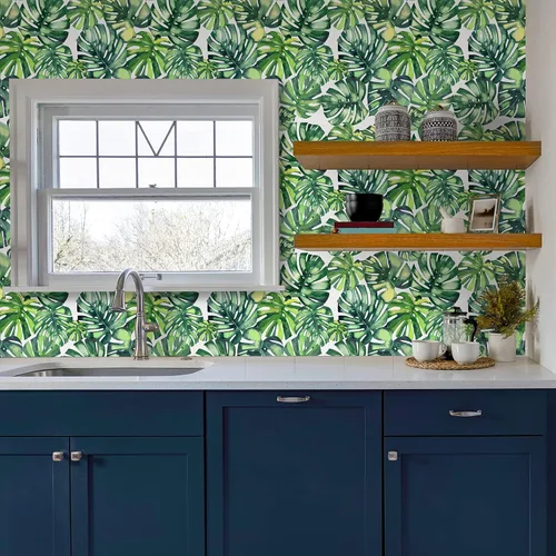 Miniatura 7 de CHIHUT Papel tapiz de hojas de palmera tropical de Monstera con diseño de acuarela para despegar y pegar botánico para sala de estar, dormitorio