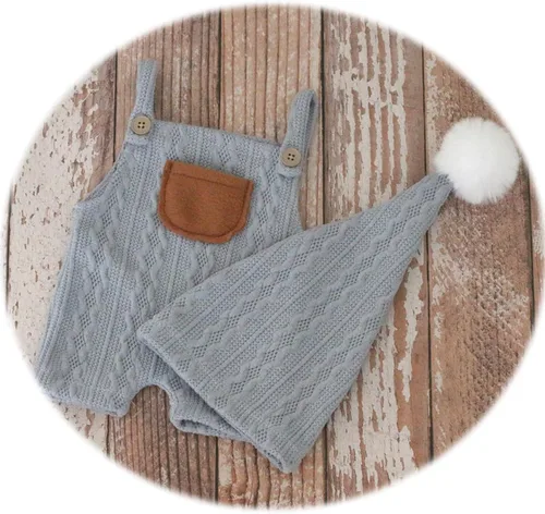 Miniatura 3 de Newborn Photography Props Baby Photoshoots Outfits Boy Photo Posing Romper Hat Crochet Suspender Costume Azul claro