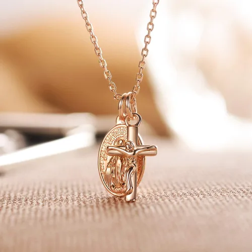 Miniatura 3 de AllenCOCO Collar de oro para mujer y niña plisado delicado y simple collar de gargantilla con dije de círculo entrelazado cruz de Virgen María No es