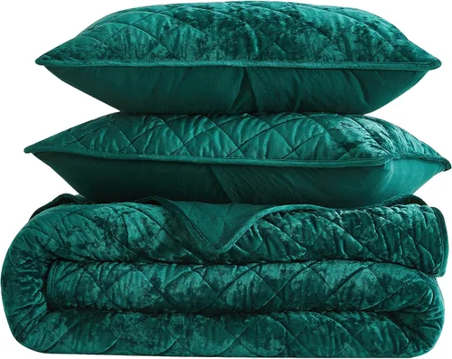 Miniatura 9 de Chezmoi Collection Lux - Juego de edredón de terciopelo verde esmeralda King, 3 piezas, ropa de cama de terciopelo desgastado de felpa exuberante