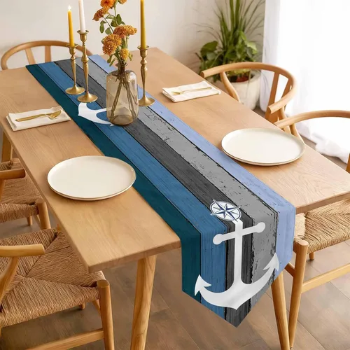 Miniatura 2 de Camino de mesa náutico con ancla para aparador, bufandas con temática oceánica, rayas náuticas, vintage, grano de madera, gris y azul, caminos