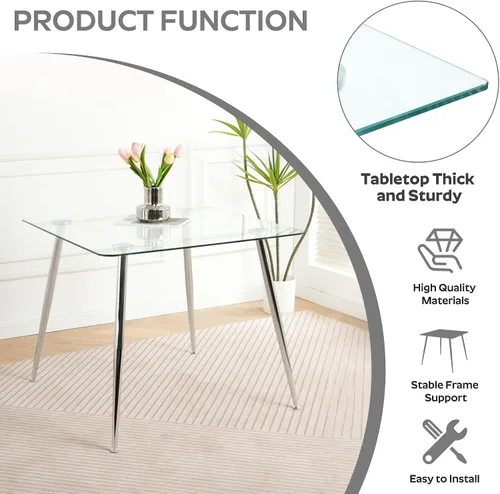 Miniatura 6 de Juego de mesa de comedor cuadrada de vidrio de 36 pulgadas con 4 sillas tapizadas de piel sintética con respaldo alto, diseño moderno de patas