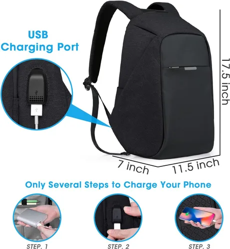 Miniatura 6 de Mochila de viaje antirrobo portátil, mochila para laptop con puerto de carga USB., Negro
