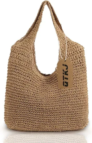 Miniatura 6 de QTKJ Bolso de hombro de paja grande y suave tejida a mano, estilo bohemio, con asa de pajilla, estilo retro, para verano, playa, de ratán