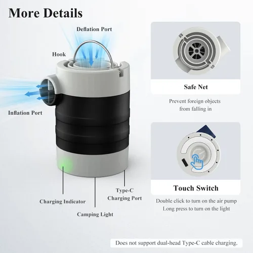 Miniatura 8 de Air Pump for Inflatables, Electric Air Pump with 1400 mAh Rechargeable Battery, Tiny and Portable Air Pump with Camping Light, Quick Inflate Deflate