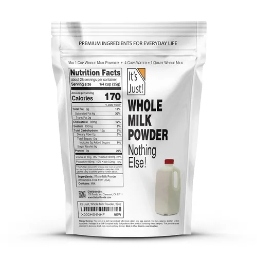 Miniatura 2 de It's Just - Leche entera en polvo, 2 libras, sin hormonas rBST/rBGH, estable en estante, solo añadir agua, fabricada en EE. UU, leche en polvo seca