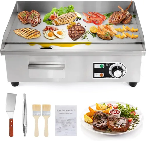 Dyna-Living Plancha eléctrica comercial de 22 pulgadas, parrilla superior plana de 3000 W, plancha eléctrica de acero inoxidable, antiadherente,