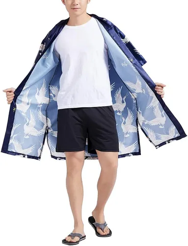 Miniatura 6 de HAORUN Abrigo kimono japonés para hombre, holgado, Yukata, albornoz largo, tops vintage, Azul marino satinado.