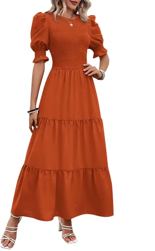 Miniatura 47 de BTFBM Vestidos para mujer, cuello redondo, casual, de verano, con volantes, manga corta, bohemio, con niveles, fruncido, largo, con estampado floral