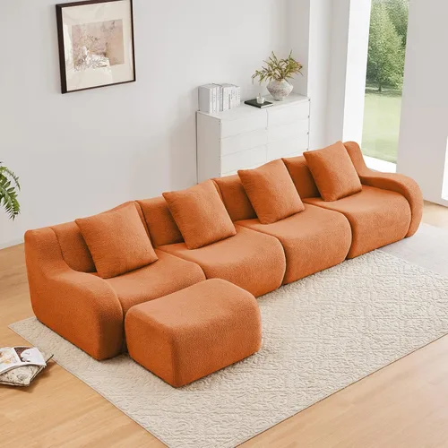 Miniatura 15 de Otomana de tela de peluche negra, moderno reposapiés modular sin hueso en una caja para sala de estar, cómodo diseño de asiento profundo,